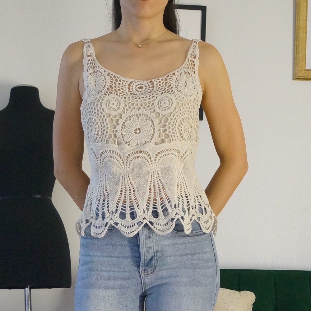 Cream Crochet Sleeveless Top Open Back Adjustable Top
